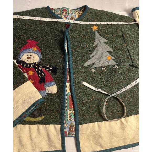 Green Wool Blend Holiday Cardigan W/ Snowman & Tree Appliques -  Large button - Picture 12 of 15